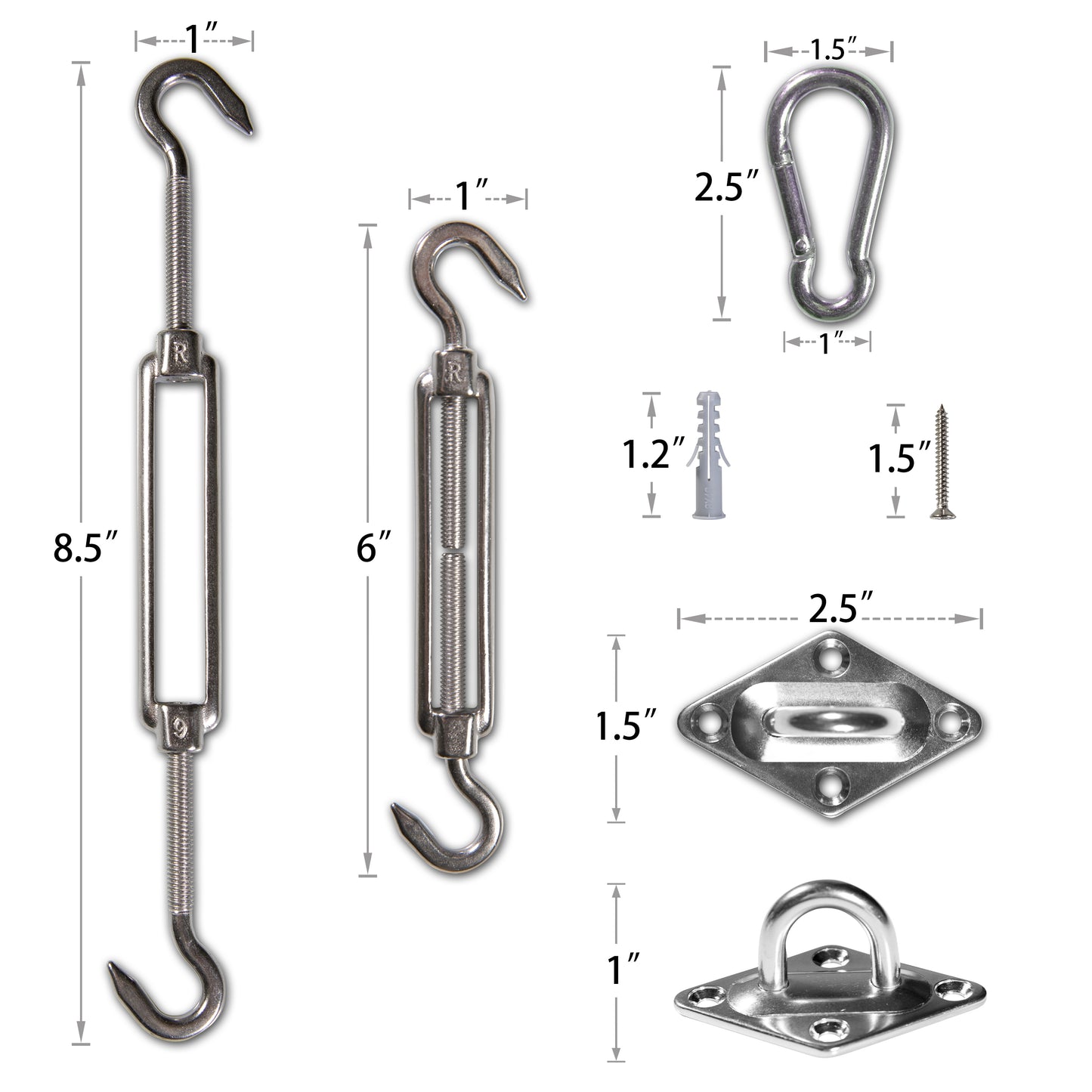 1500 LB Capacity Square & Rectangle Sun Shade Sail Installation Complete Hardware Kit - 6 Inches, 304 Stainless Steel