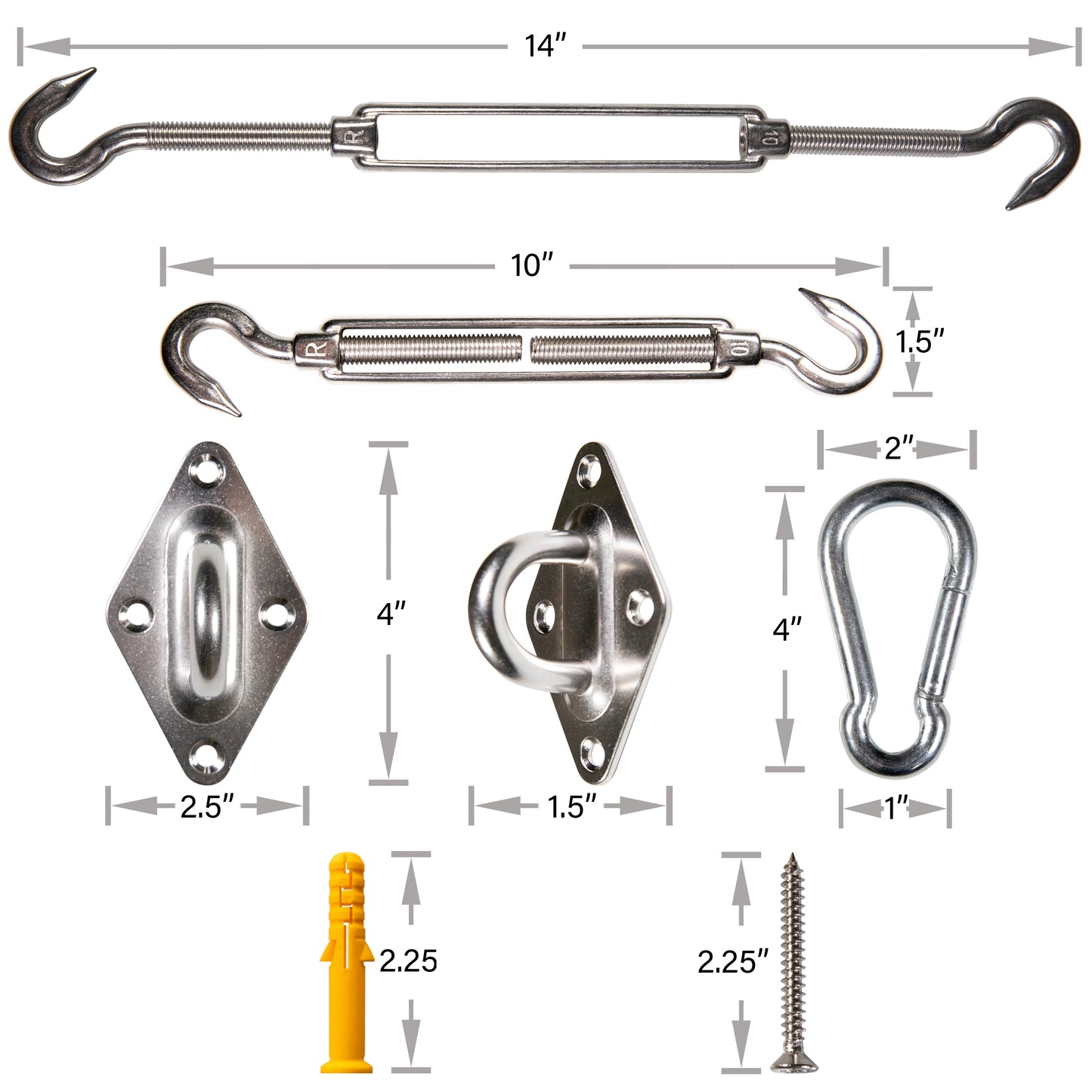 1500 LB Capacity Square & Rectangle Sun Shade Sail Installation Complete Hardware Kit - 6 Inches, 304 Stainless Steel