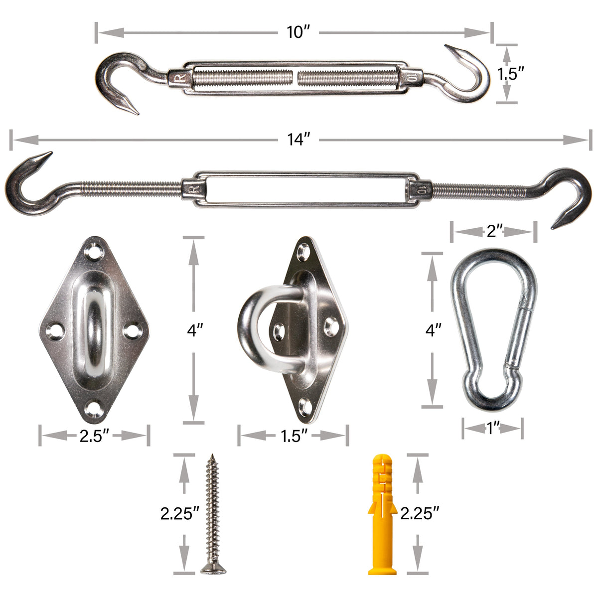 ShadeMart 10" Heavy Duty Stainless Steel Shade Sail Hardware Kit – Square / Rectangle 2