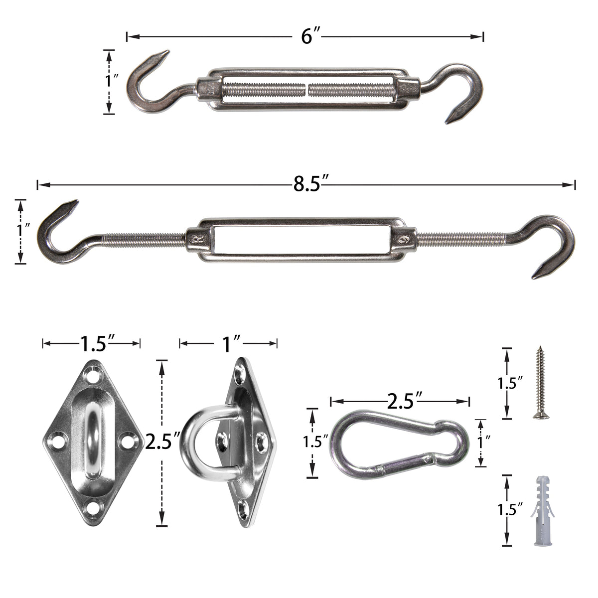 ShadeMart 6" Stainless Steel Shade Sail Hardware Kit – Square / Rectangle 2