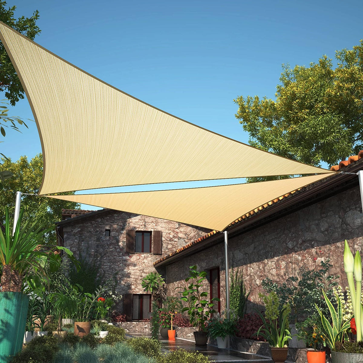Triangle Sun Shade Sail + Hardware Kit & 3 Stainless Steel Cables Combo 1