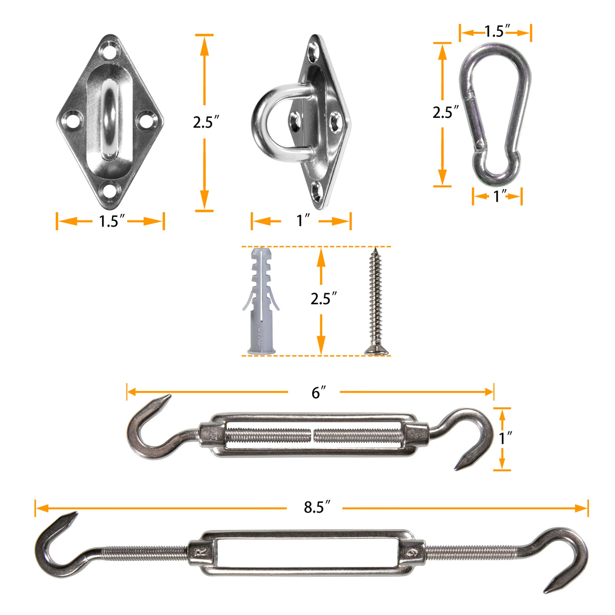 ShadeMart 6" Stainless Steel Shade Sail Hardware Kit – Triangle 2
