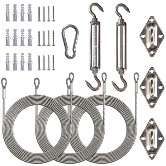 Triangle Sun Shade Sail Installation Hardware Kit - 18 PC Hardware Kit, 36 ft. (12 ft. x 3) Cable Wire Ropes