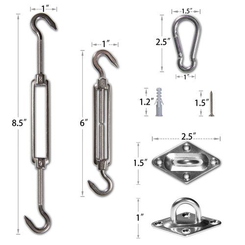 1500 LB Capacity Square & Rectangle Sun Shade Sail Installation Complete Hardware Kit - 6 Inches, 304 Stainless Steel