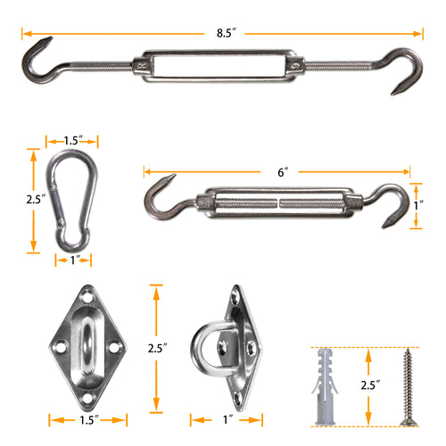1500 LB Capacity Triangle Sun Shade Sail Installation Complete Hardware Kit - 6 Inches, 304 Stainless Steel, Anti Rust